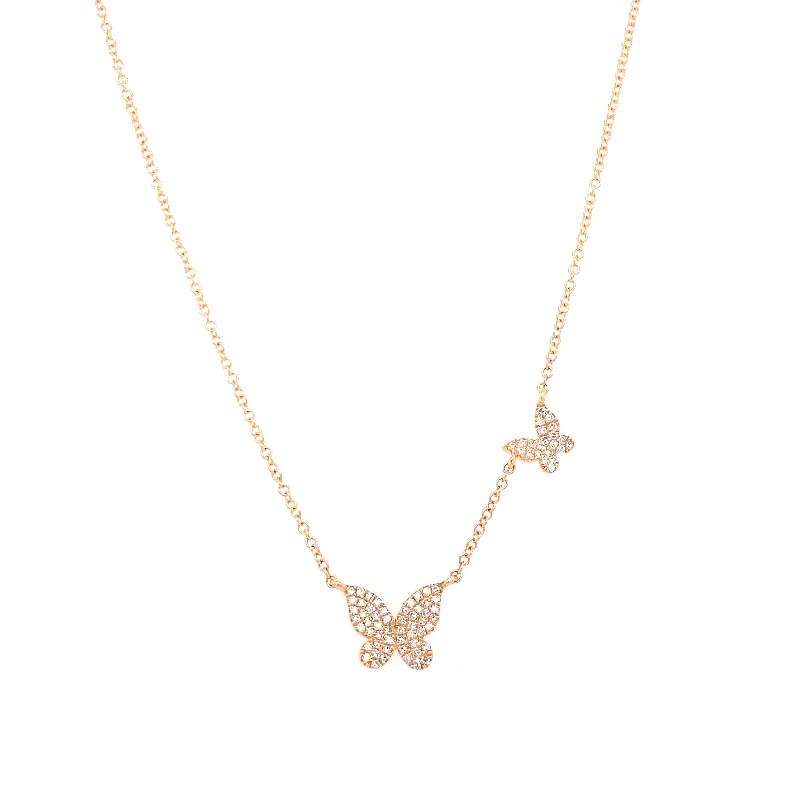 women's rose gold chain necklaces-14K Yellow Gold Diamond Double Butterfly Necklace