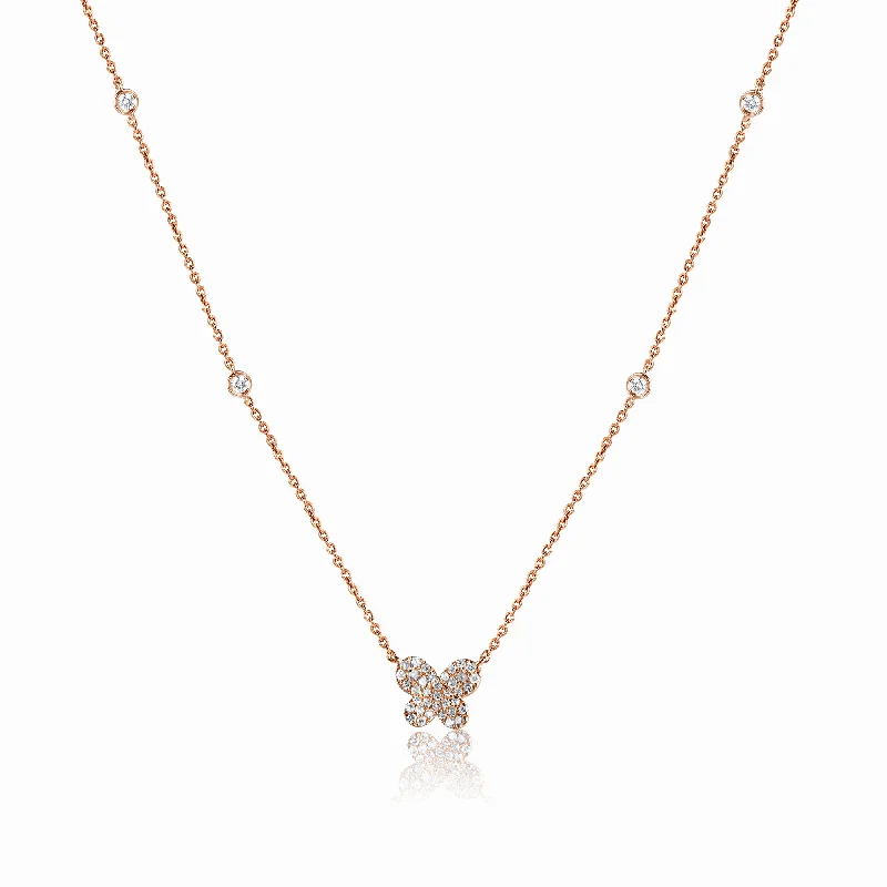 women's rose gold necklaces-14K Rose Gold Diamond Butterfly Necklace