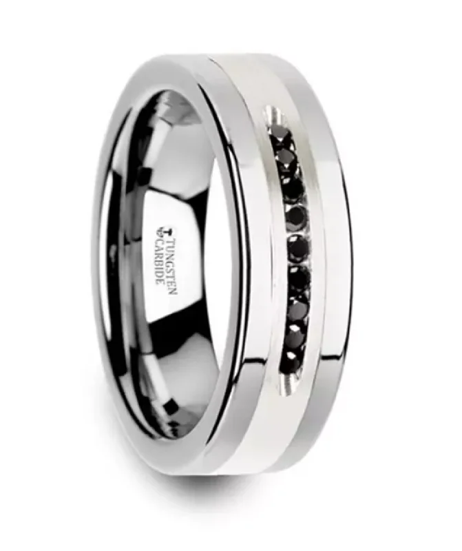 women's cushion cut engagement rings-Tungsten ‘Blackstone’ 8mm Silver Inlay Center And Black Diamonds Flat Wedding Band