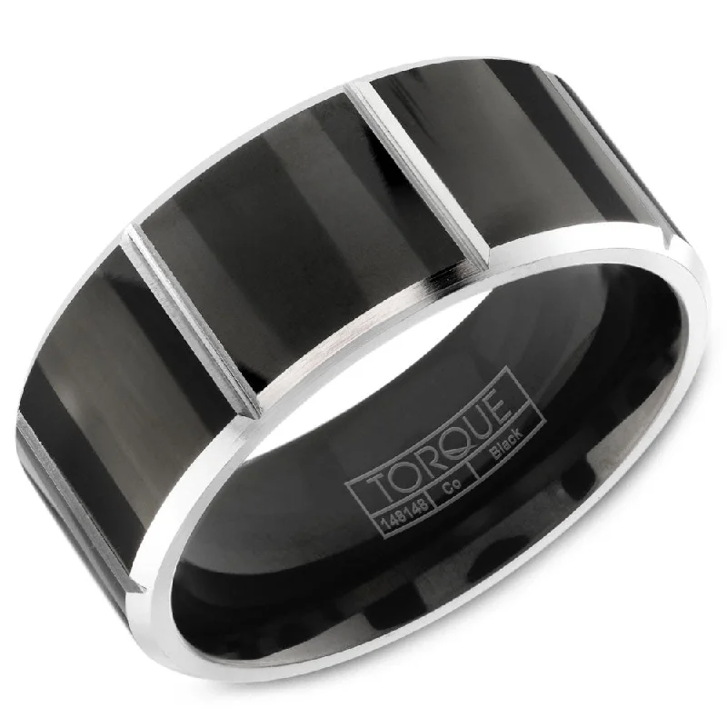 women's forever diamond engagement rings-Torque Black Cobalt Collection 9MM Wedding Band with White Line Detailing CBB-0005