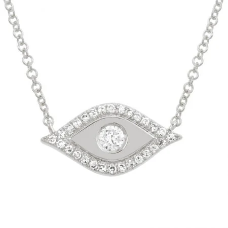 women's heart-shaped necklaces-14K White Gold Diamond Evil Eye Necklace