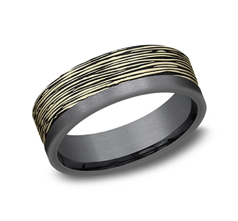 women's affordable engagement rings-Darkened Tantalum And 14K Yellow Gold ‘The Aspen’ Horizontal Bark Pattern 7mm Wedding Band