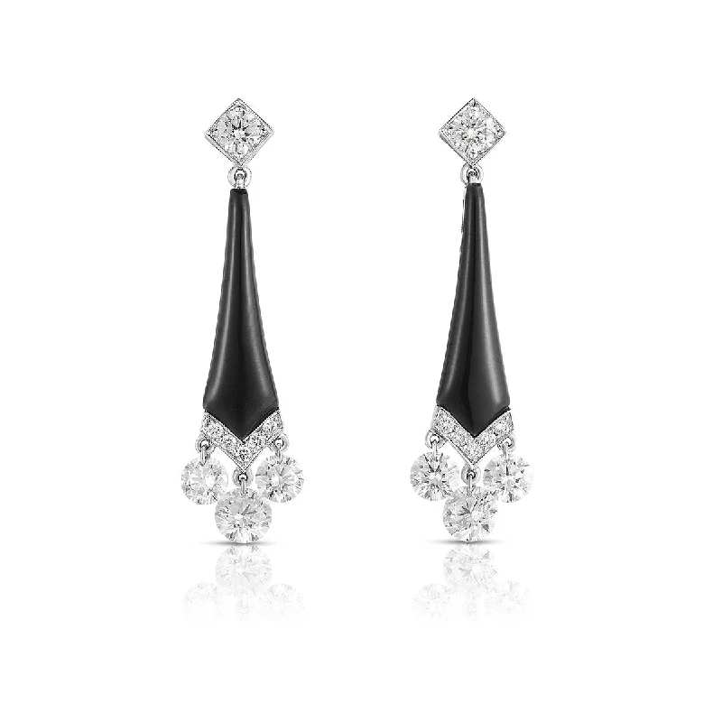 women's diamond earrings-Black Enamel and Diamond Drop Earrings