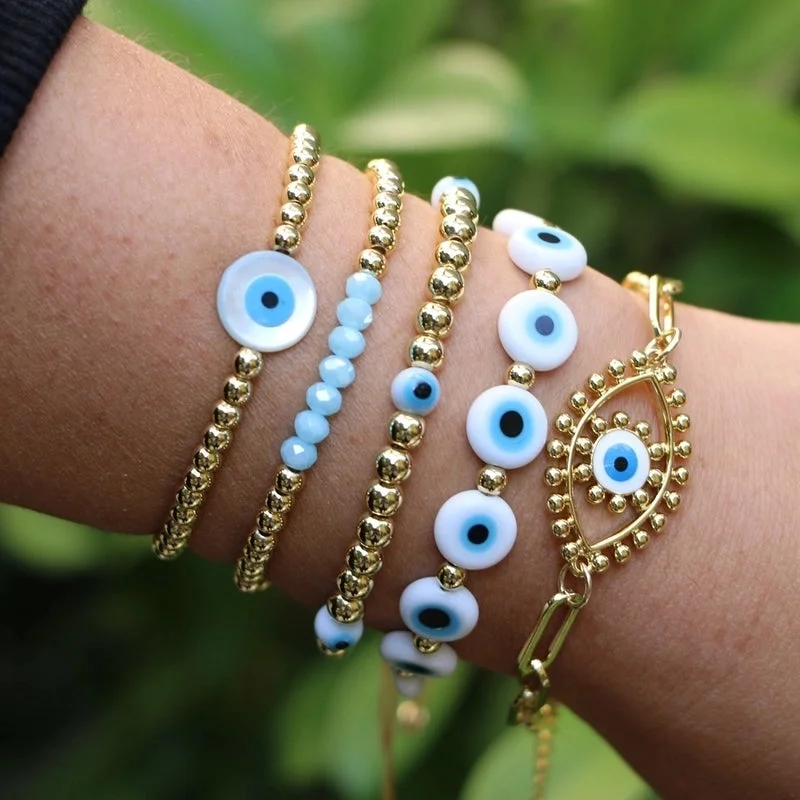 women's infinity bangles-Simple Ethnic Colored Glaze Evil Eye Color Gold Bead Multi-layered Bracelet