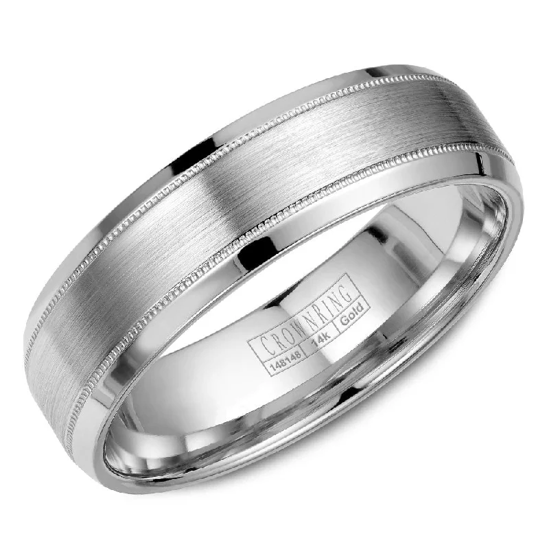 women's platinum engagement rings-CrownRing 6MM Wedding Band with Brushed Center and Milgrain Detailing WB-9915