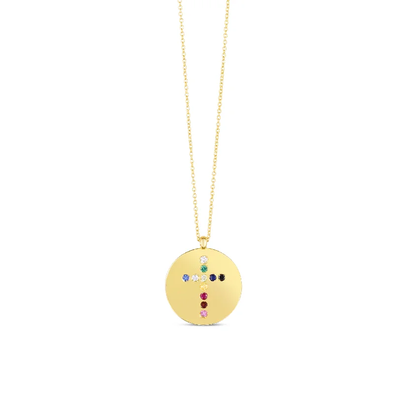 women's diamond pendant necklaces-14K Yellow Gold Gemstone Rainbow cross Medallion Necklace