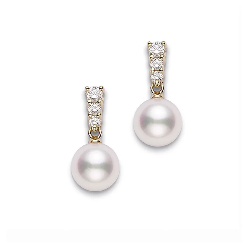 women's flower stud earrings-Akoya Pearl and Diamond Yellow Gold Drop Earrings