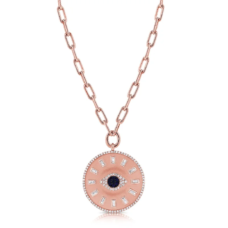 women's beaded statement necklaces-14K Rose Gold Diamond + Sapphire Evil Eye Coin Necklace