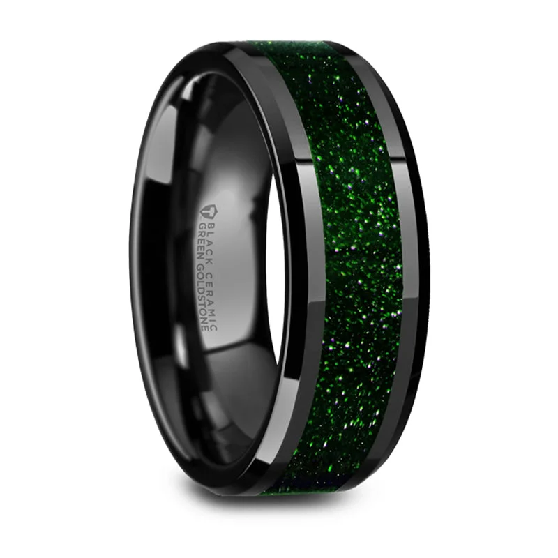 women's vintage-inspired engagement rings-Thorsten Giovanni Polished Finish Black Ceramic Beveled Wedding Band w/ Green Goldstone Inlay (8mm) W5989-BCGGS