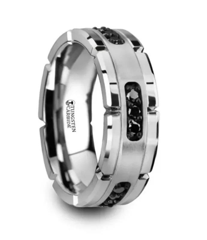 women's bridal rings with diamonds-Tungsten ‘Valor’ 8mm Silver Inlay With Black Diamonds Grooved Wedding Band