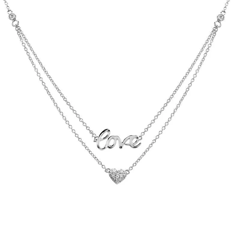 women's custom name necklaces-14K White Gold Layered Diamond Love + Heart Necklace