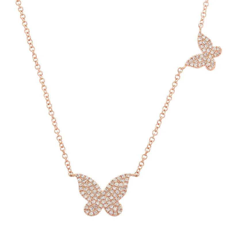 women's diamond pendant necklaces-14K Rose Gold Double Butterfly Diamond Necklace