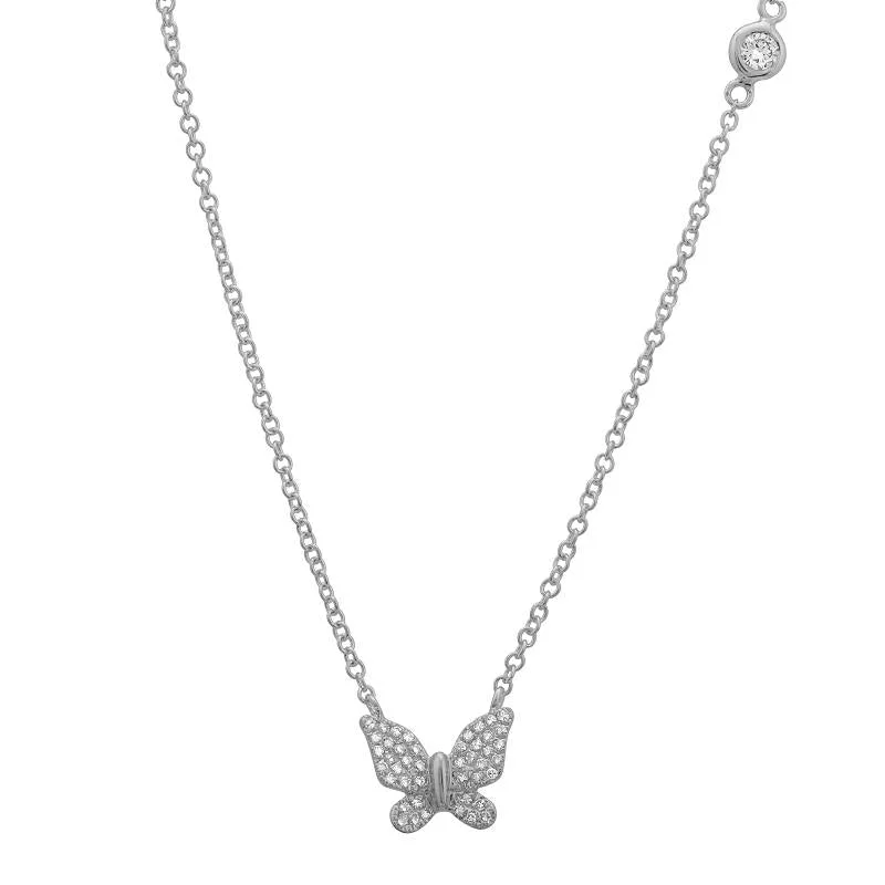 women's gold plated necklaces-14K White Gold Butterfly Necklace with Diamond Bezel Chain