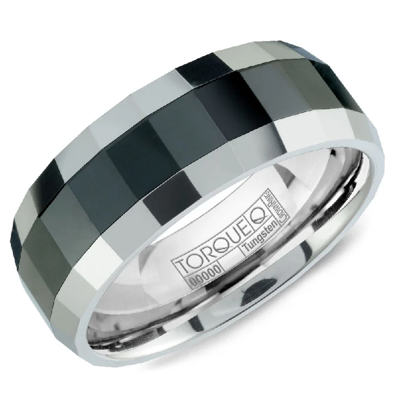 women's engraved gold engagement rings-Torque Tungsten Collection 8MM Wedding Band with Black Ceramic Inlay TU-0032