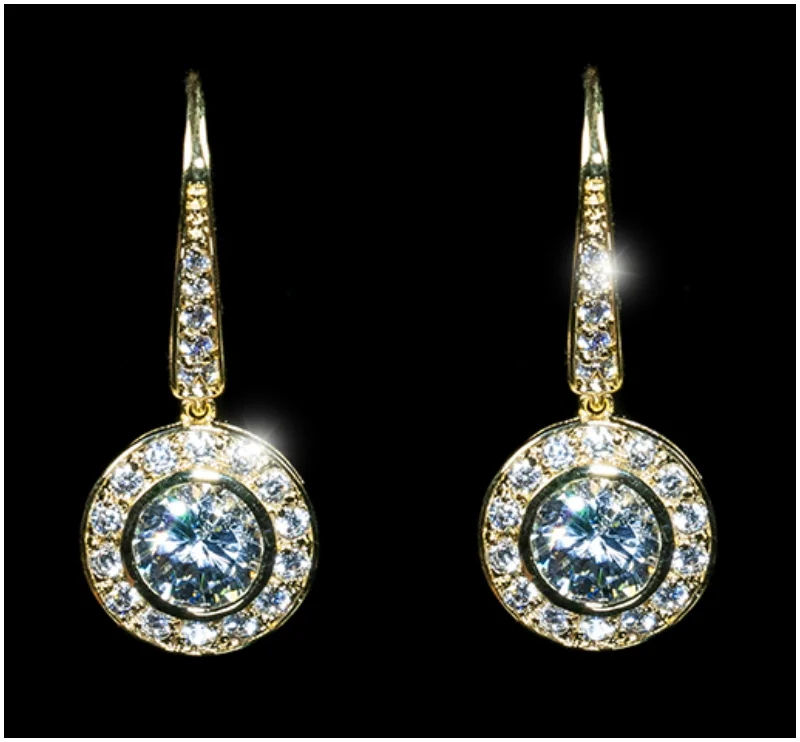 women's fashion earrings-Elsa Round Halo Dangle Gold Earrings | 3ct | Cubic Zirconia | Gold