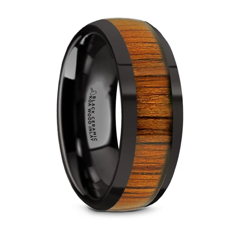 women's heart-shaped engagement rings-Thorsten Linden Black Ceramic Polished Finish Domed Wedding Band w/ Koa Wood Inlay (8mm) BC5958-DPKW