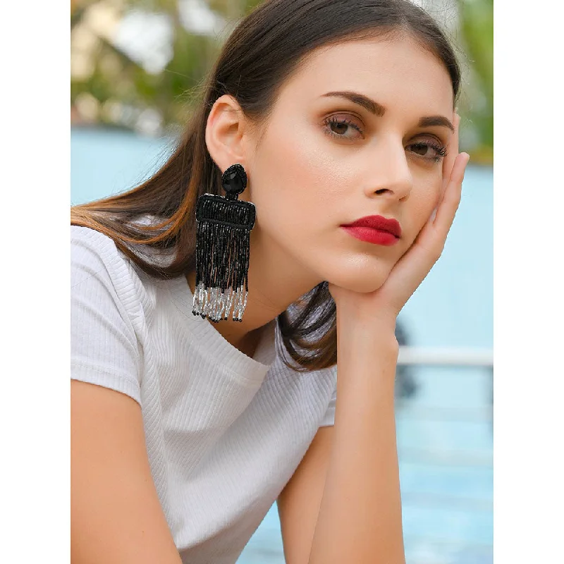 women's boho earrings-Odette Black Compelling Tassel Earring