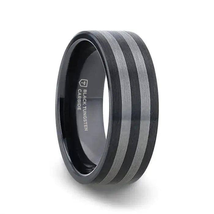 women's ethically sourced engagement rings-Thorsten Beta Black Ceramic Flat Profile Wedding Band w/ Brushed Tungsten Inlay (8mm) W3211-DCIB