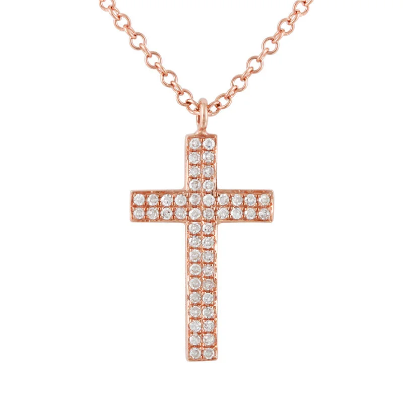 women's delicate necklaces-14K Rose Gold Diamond Double Row Cross Necklace