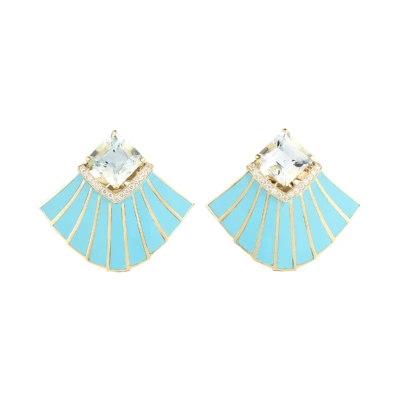 women's retro earrings-Blue Ceramic Enamel, Aquamarine and Diamond Earrings