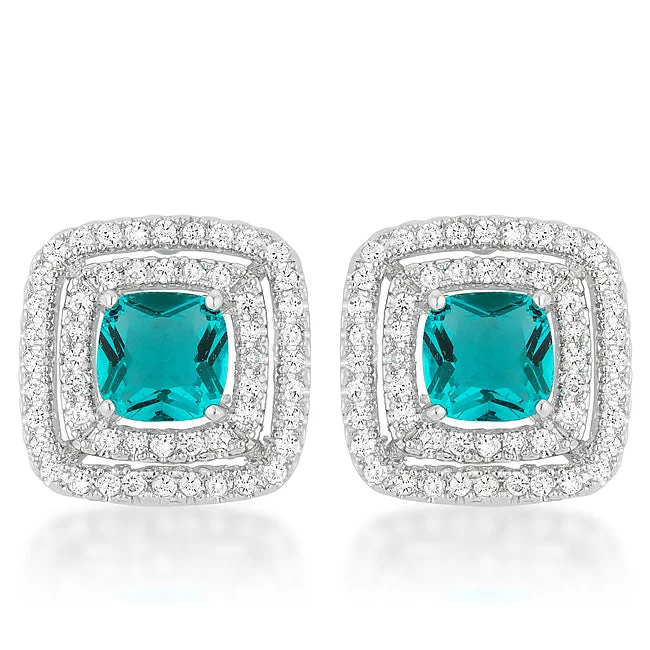 women's statement chandelier earrings-Idella Aqua Cushion Double Halo Stud Earrings | 2.5ct