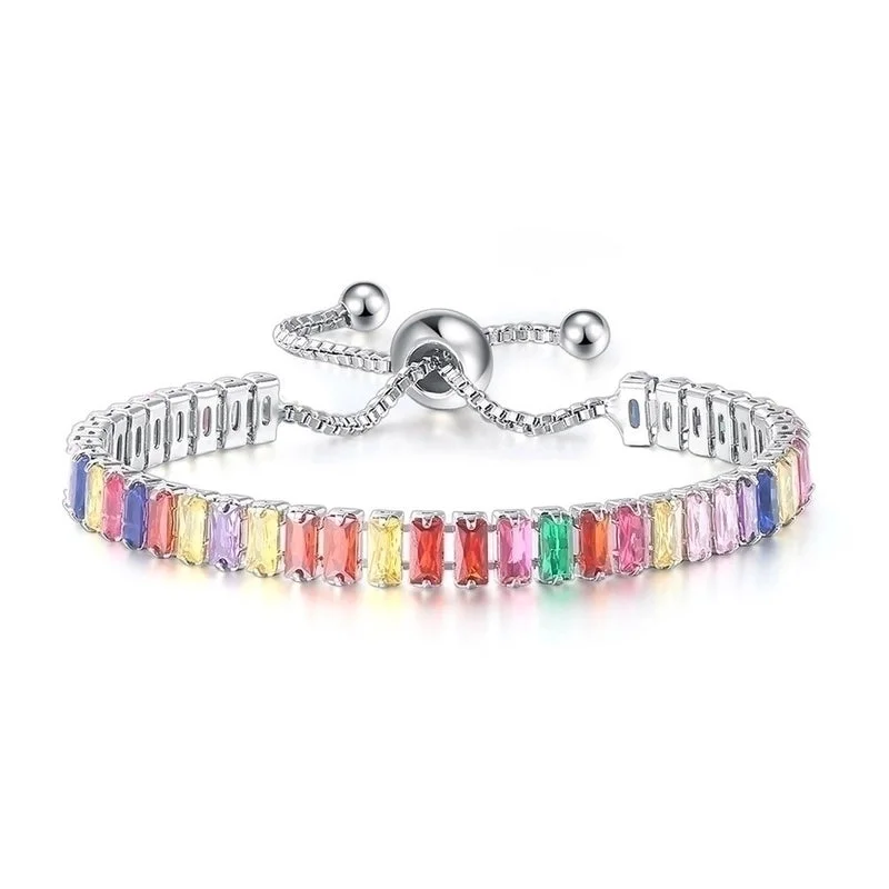 2.5*5mm-Colorful Crystals Rectangular Adjustable Bracelet-Silver