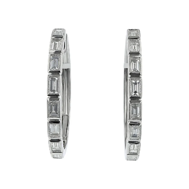 women's unique earrings-Baguette Diamond Milgrain Hoop Earrings