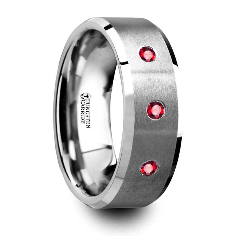 women's diamond wedding and engagement rings-Thorsten Nereus Brushed Tungsten Flat Wedding Band w/ Polished Beveled Edges & Rubies (8mm) T5415-BPTR