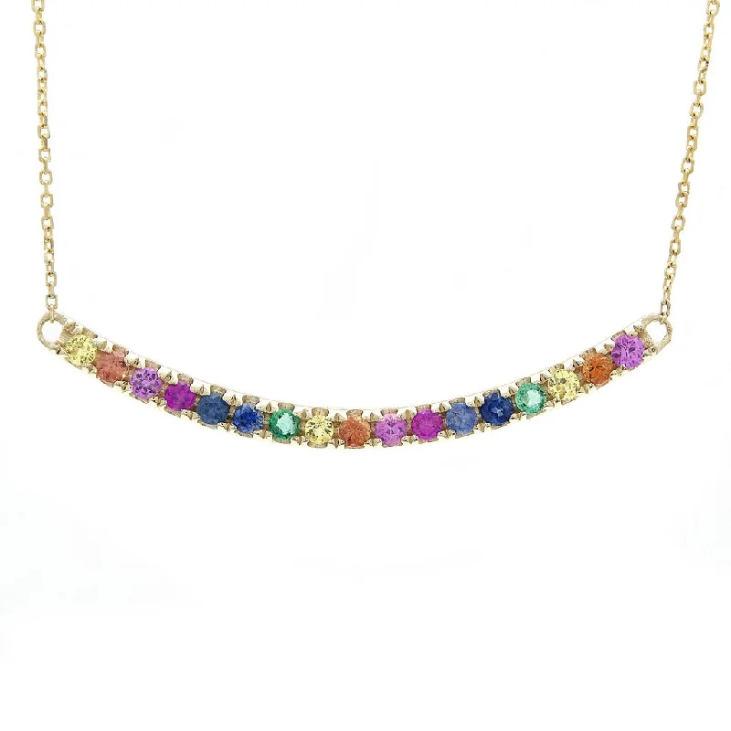 women's statement necklaces-14K Yellow Gold Multi Sapphire Rainbow Curved Necklace