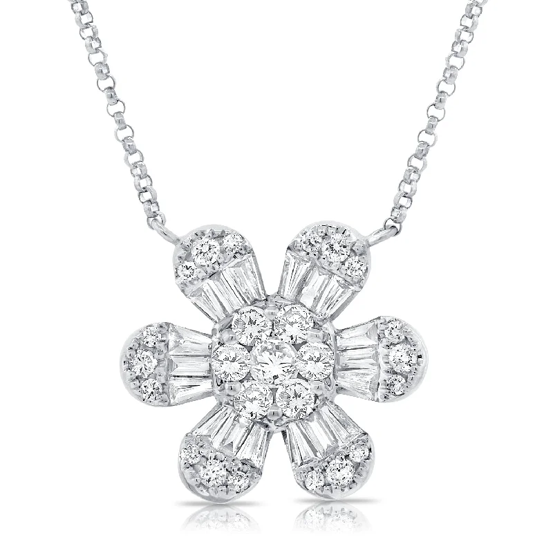 women's pearl necklaces-14K White Gold Baguette Diamond Large Flower Necklace