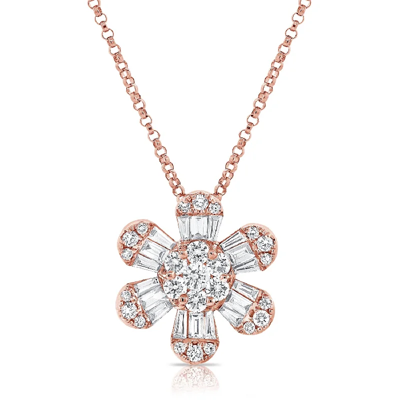 women's double chain necklaces-14K Rose Gold Diamond Flower Necklace