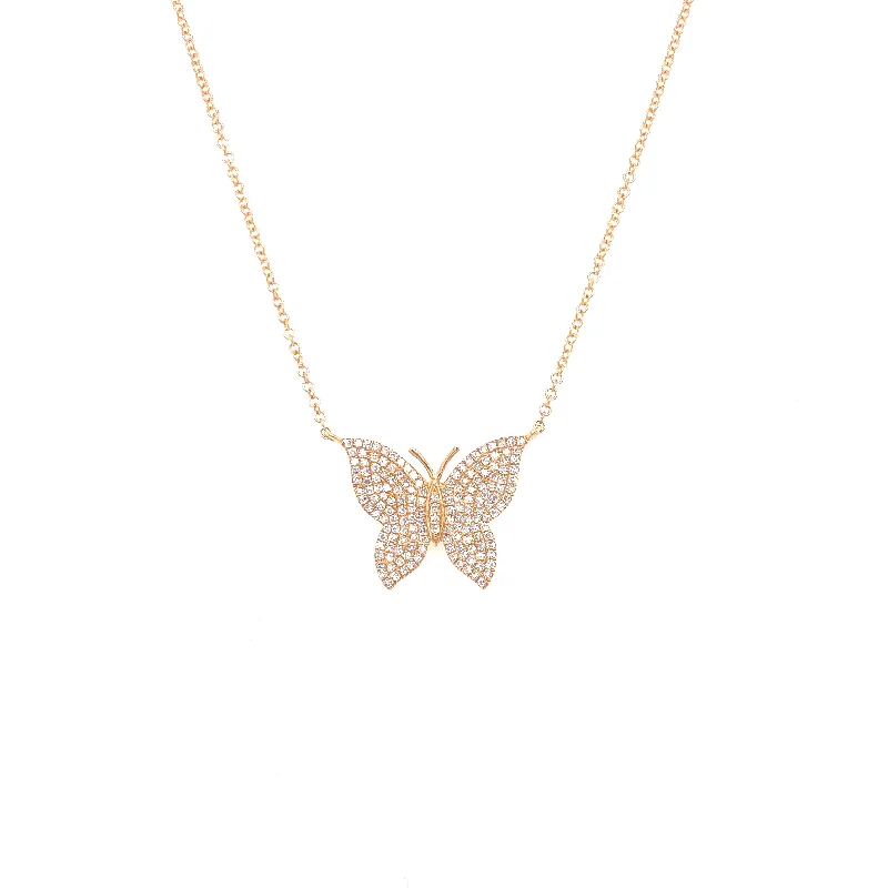 women's gold plated necklaces-14K Yellow Gold Pave Diamond Butterfly Necklace