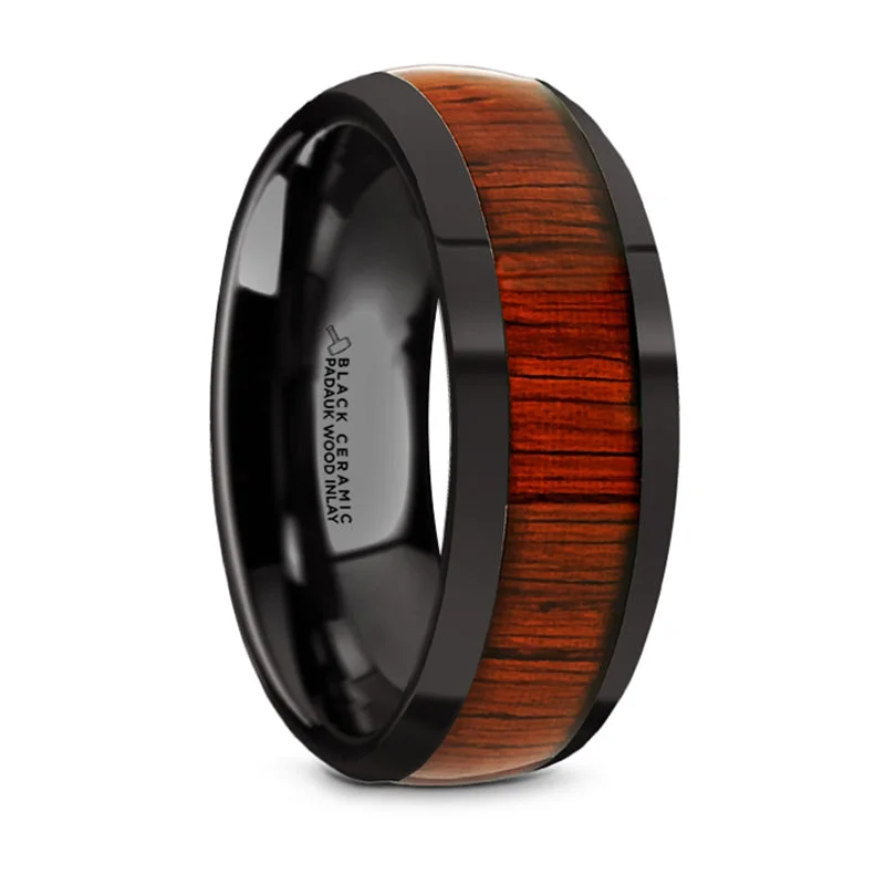 women's vintage diamond engagement rings-Thorsten Mane Black Ceramic Polished Finish Domed Wedding Band w/ Padauk Wood Inlay (8mm) BC5961-DPPW