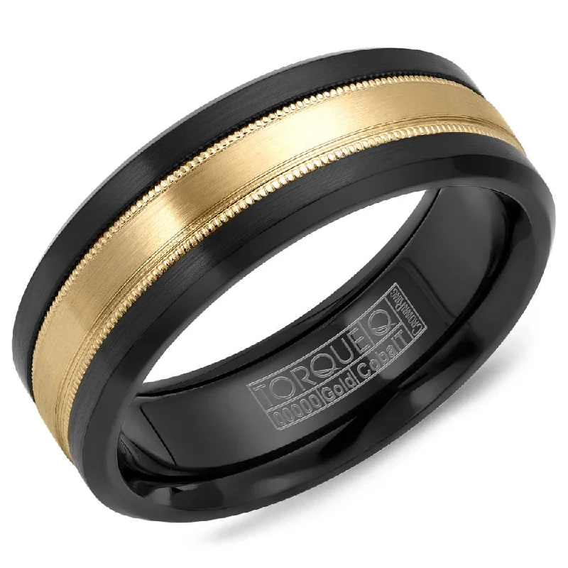 women's sparkling engagement rings-Torque Black Cobalt & Gold Collection 7.5MM Wedding Band with 14K Yellow Gold Carved Center CB035MY75