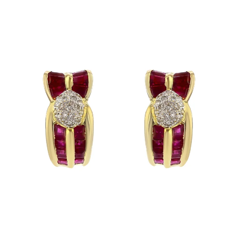 women's unique diamond earrings-18K Yellow Gold Diamond and Ruby Clip Earrings