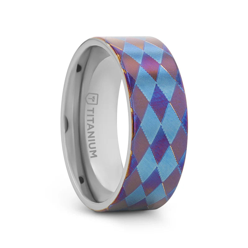 women's multi-colored engagement rings-Thorsten Meridian Titanium Flat Profile Wedding Band w/ Purple & Blue Diamond Pattern (8mm) M0623-BBTI