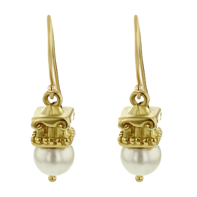 women's hoop earrings-18K Yellow Gold 6mm Pearl Dangle Earrings