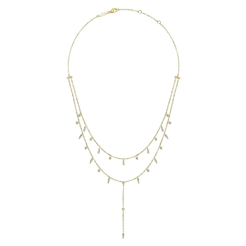 women's two-tone necklaces-14K Yellow Gold Diamond Double Row Dangle Drop Necklace