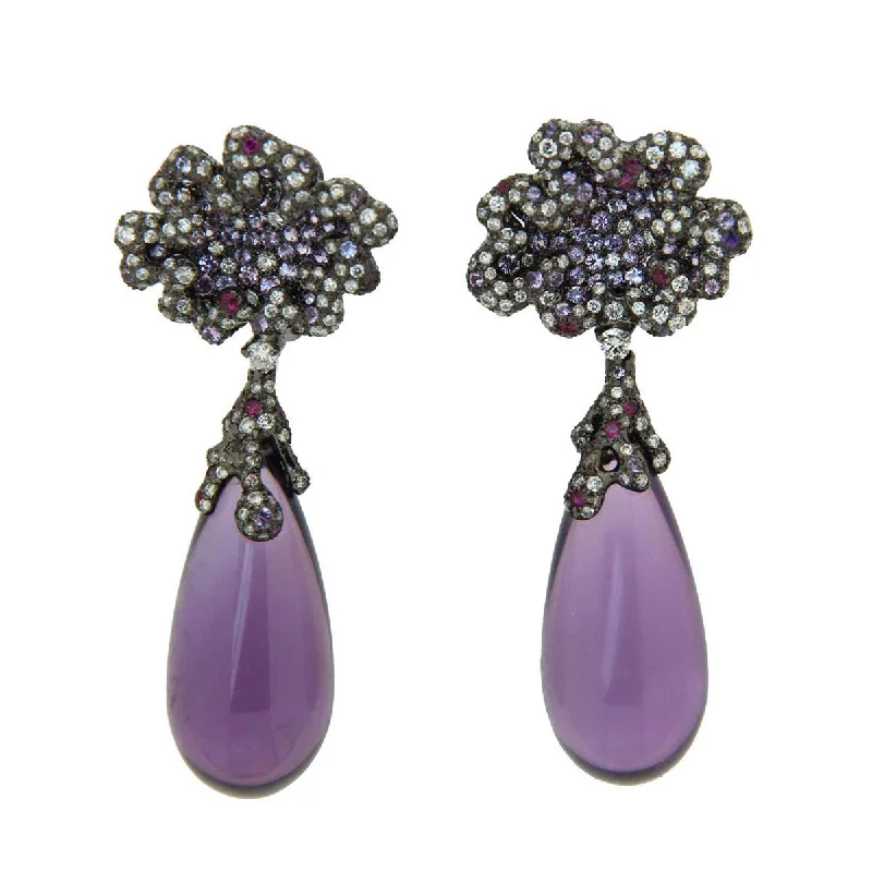 women's two-tone earrings-Amethyst, Sapphire and Diamond Drop Earrings