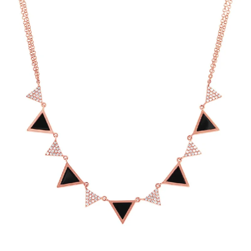 women's gold necklaces-14K Rose Gold Diamond and Onyx Triangle Necklace