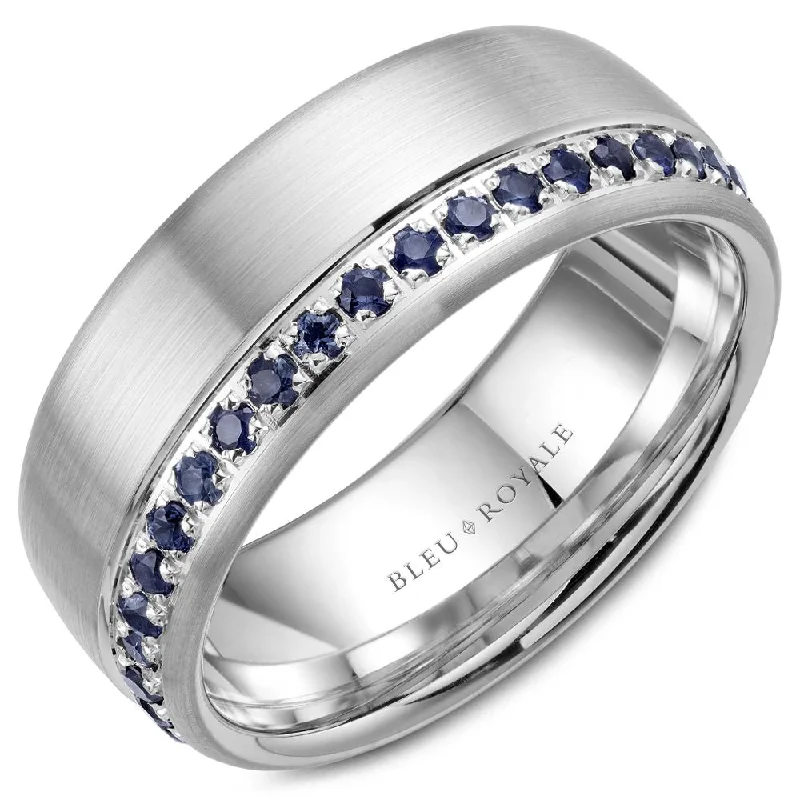 women's bridal rings with diamonds-Bleu Royale 8.5MM Eternity Blue Sapphire Wedding Band with Brushed Finish RYL-015WS85