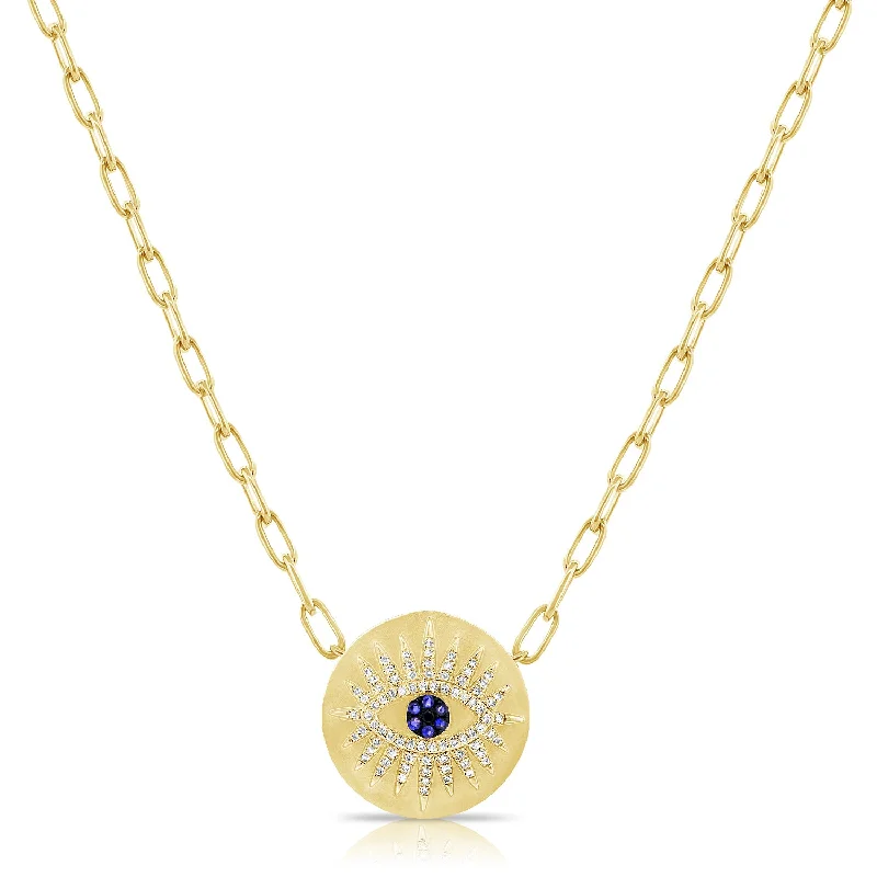 women's cubic zirconia necklaces-14K Yellow Gold Diamond + Blue Sapphire Evil Eye Necklace