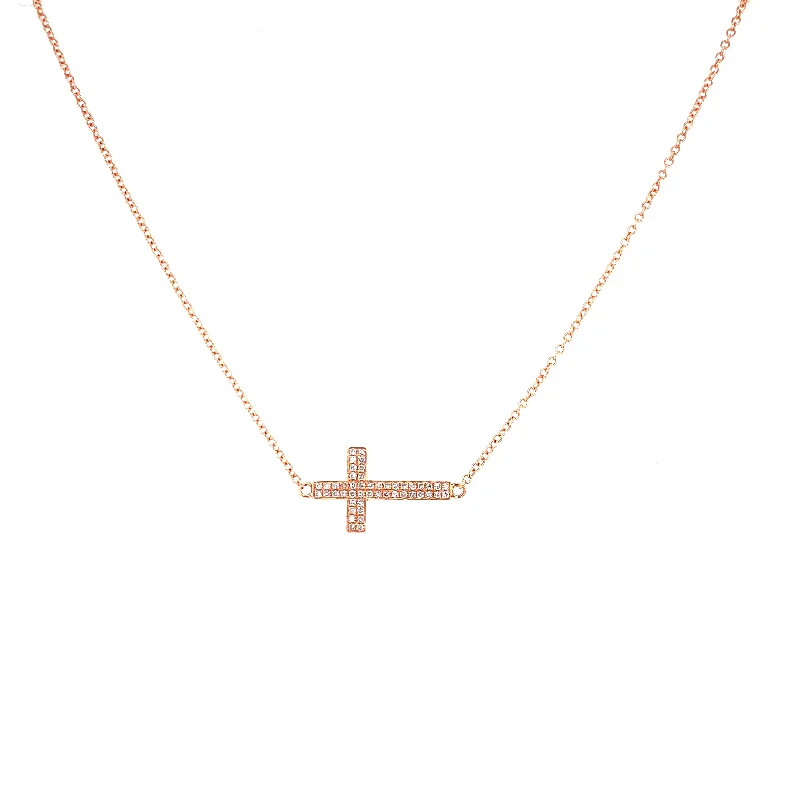 women's personalized necklaces-14K Rose Gold Diamond Cross Horizontal Necklace