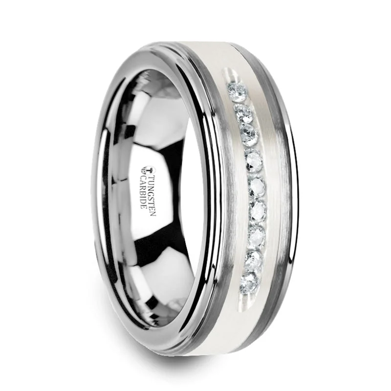 women's cushion-cut engagement rings-Thorsten Harper Tungsten Wedding Band w/ Raised Center & Brushed Silver Inlay & 9 White Diamonds (8mm) W3924-TCSD