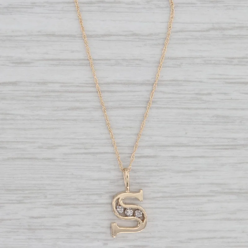 women's zodiac sign necklaces-Diamond Letter Initial S Pendant Necklace 14k Yellow Gold 17" Rope Chain