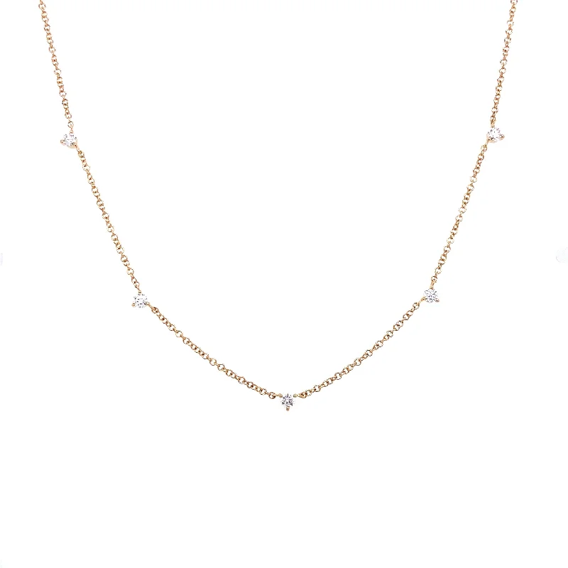 women's beaded necklaces-14K Yellow Gold Three Prong Diamond Station Necklace