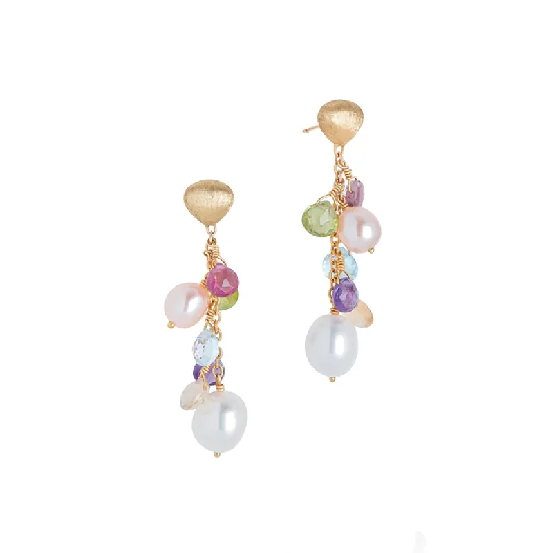 women's stud earrings-18K Yellow Gold Mixed Gemstone and Pearl Short Drop Earrings