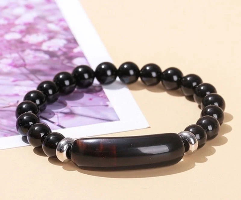 7a Natural Black Agate Bridge Bracelet|8mm Long Tube 10 * 39mm