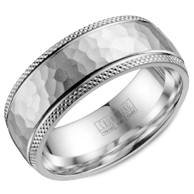 women's cushion-shaped engagement rings-CrownRing 8MM Wedding Band with Hammered Finish and Milgrain Detailing WB-035C8W