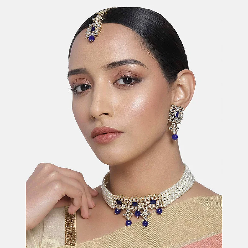 women's silver earrings-Etnico 18K Gold Plated Beaded Choker Set Studded with Pearl & Kundan with Earrings & Maang Tikka for Women (ML224Bl)